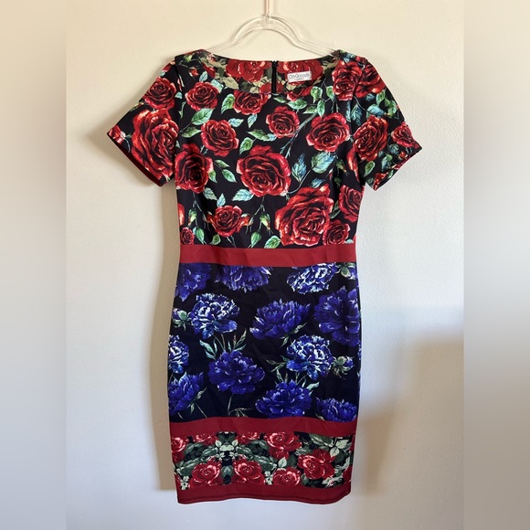 City Goddess London Floral Bodycon Dress – Red Roses & Blue Blooms – Size 8 - Picture 1 of 5